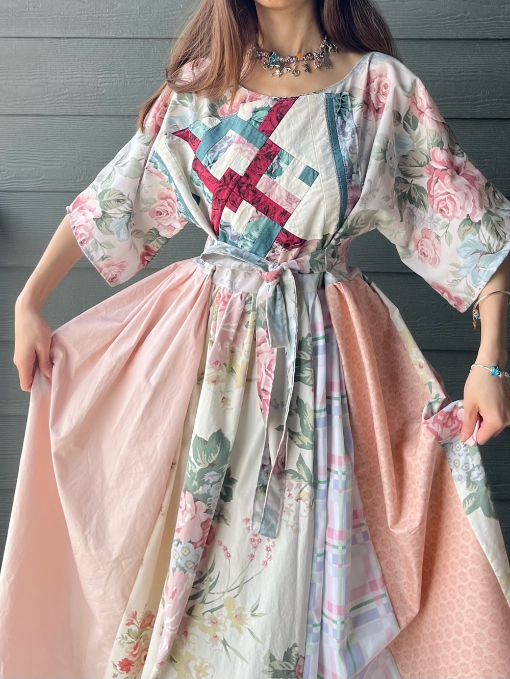 Canvas Rose | Handmade Side Tie Vintage Quilt Patchwork Dress Sleeves SKU 07302